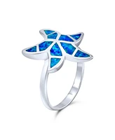 Bling Jewelry Nautical Tropical Beach Blue Created Opal Inlay Starfish Ring .925 Sterling Silver