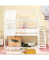 Twin House Bed with Stairs and Roof for Kids
