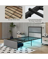 Twin Size Bed Frame with Led Lights Drawer and Metal Slats-Twin Size