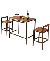 3 Pcs Patio Rattan Wicker Bar wood Table Chair Outdoor