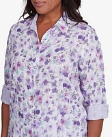Alfred Dunner Women's Crystal Springs Floral Contrast Cuff Button Down Top