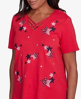Alfred Dunner Women's Land of The Free Embroidered Stars Crisscross V-Neck T-Shirt