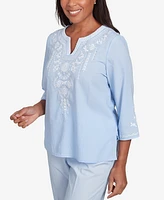 Alfred Dunner Women's St. Thomas Embroidered Sky Blue Round Neck Top