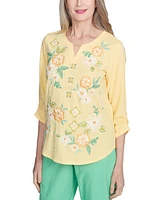 Alfred Dunner Women's Rise Shine Sunny Floral Embroidered Split Neck Top