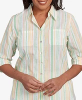 Alfred Dunner Women's Rise Shine Sunny Stripes Button Down Collared Neckline Top