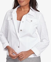 Alfred Dunner Women's Crystal Springs Eyelet Denim Collared Neck Jacket