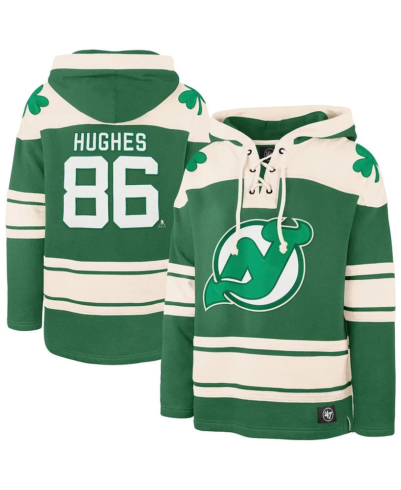 '47 Brand Men's Jack Hughes Kelly Green New Jersey Devils St. Patrick's Day Player Name Number Lacer Pullover Hoodie