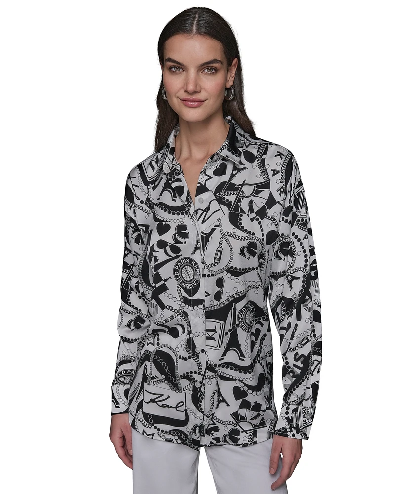 Karl Lagerfeld Paris Women's Motif-Print Oversized Button-Front Top