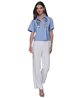 Karl Lagerfeld Paris Women's Sequin-Bow Poplin Button-Front Top