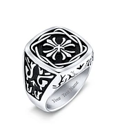 Bling Jewelry Large Statement Medieval Mens Religious Ancient Viking Maltase Fleur De Lis Cross Square Signet Band Ring Oxidized Silver Tone Stainless