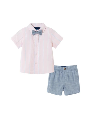 Andy & Evan Baby Boys Pink Striped Oxford and Bowtie Shorts Set