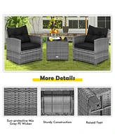 3PCS Patio Rattan Furniture Bistro Set Cushioned Sofas Side Table Armrest