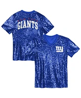 Outerstuff Big Girls Royal New York Giants Wordmark Sequin V-neck Top