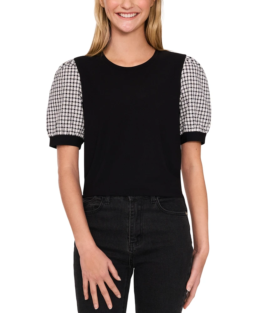 CeCe Women's Short-Puff-Sleeve Mixed-Media Top
