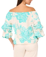 Vince Camuto Women's Floral Linen-Blend Off-The-Shoulder Bubble 3/4-Sleeve Tie-Front Blouse