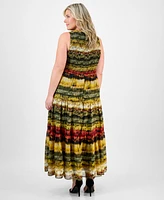 Anne Klein Plus Printed Smocked-Bodice Tiered Dress