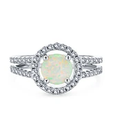 Bling Jewelry Pave Cz Halo Circle 3CT Round Solitaire Created White Opal Promise Ring With Split Shank Band & Side Stone Accent Ring .925 Sterling Sil