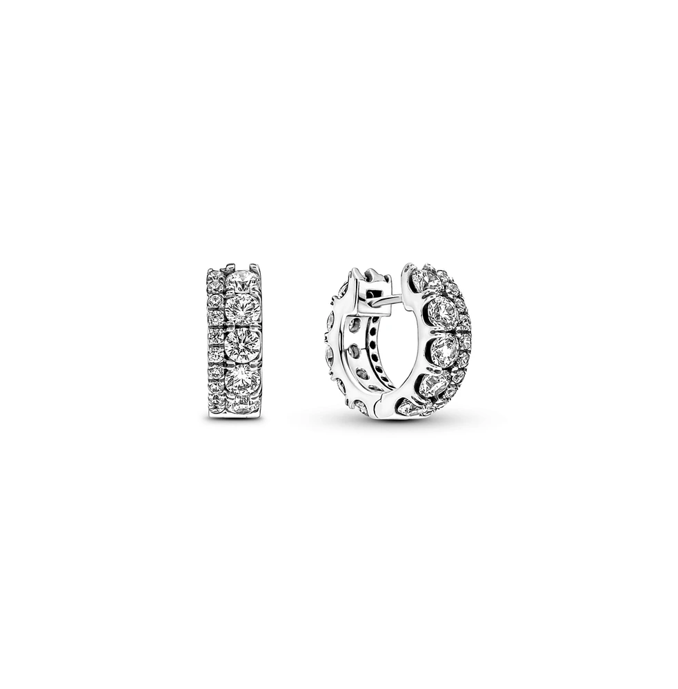 Pandora Sterling Silver Double Band Pave Hoop Earrings