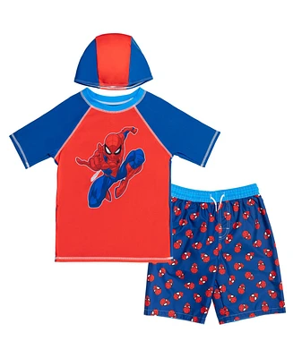 Spider-Man Boys Marvel Avengers Rash Guard Swim Trunks and Cap 3 Piece Swimsuit Set