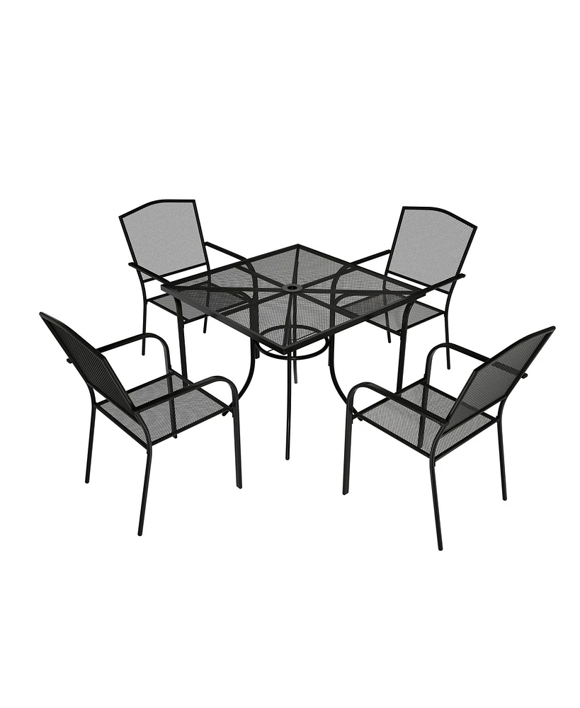 Black 5-Piece Metal Outdoor Patio Dining Set with Square Table with 1.9 in. Umbrella Hole and Dining Chair