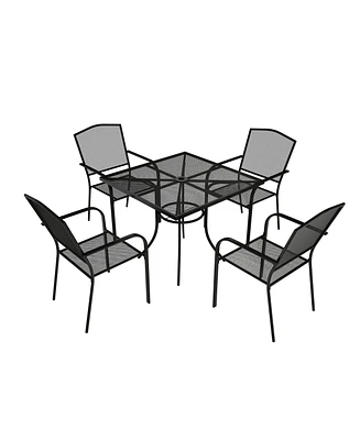 Black 5-Piece Metal Outdoor Patio Dining Set with Square Table with 1.9 in. Umbrella Hole and Dining Chair