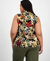 Anne Klein Plus Printed Triple-Pleated V-Neck Top