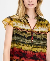 Anne Klein Women's Printed Ruffled-Neck Flutter-Sleeve Chiffon Top