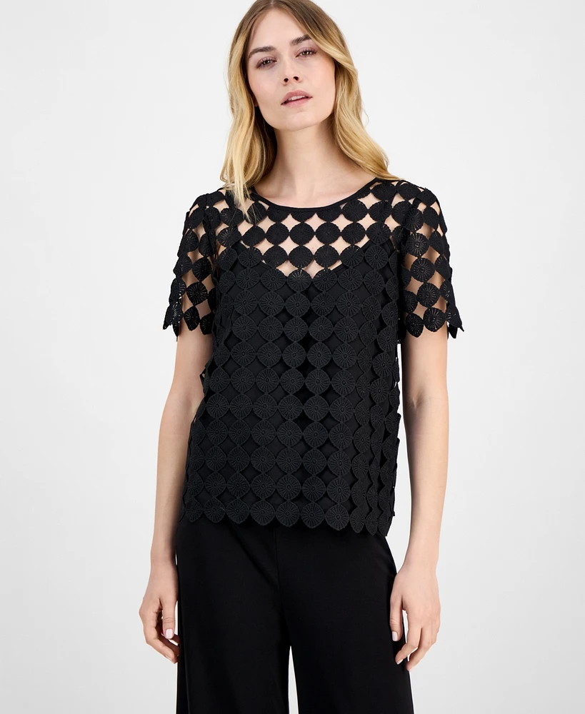 Anne Klein Women's Round-Neck Short-Sleeve Woven Lace Blouse