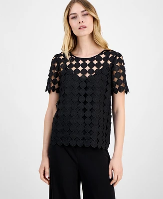 Anne Klein Women's Round-Neck Short-Sleeve Woven Lace Blouse