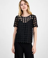 Anne Klein Women's Round-Neck Short-Sleeve Woven Lace Blouse