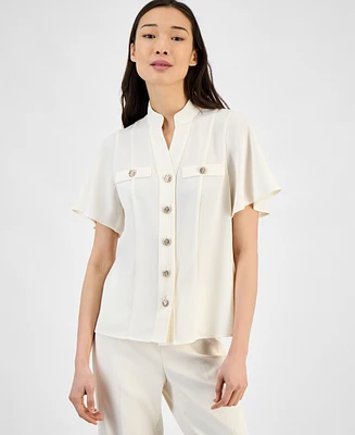 Anne Klein Women's Mandarin-Collar Button-Front Blouse