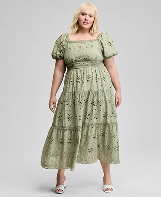 And Now This Trendy Plus Eyelet Embroidered Cotton Puff-Sleeve Maxi Dress, Exclusively at Macy's