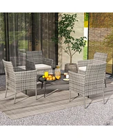 Set of 2 Patio Rattan Arm Dining Chair Cushioned Sofa Furniture