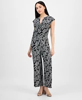 Ak Anne Klein Petite Leaf-Print Cropped Wide-Leg Pull-On Pants
