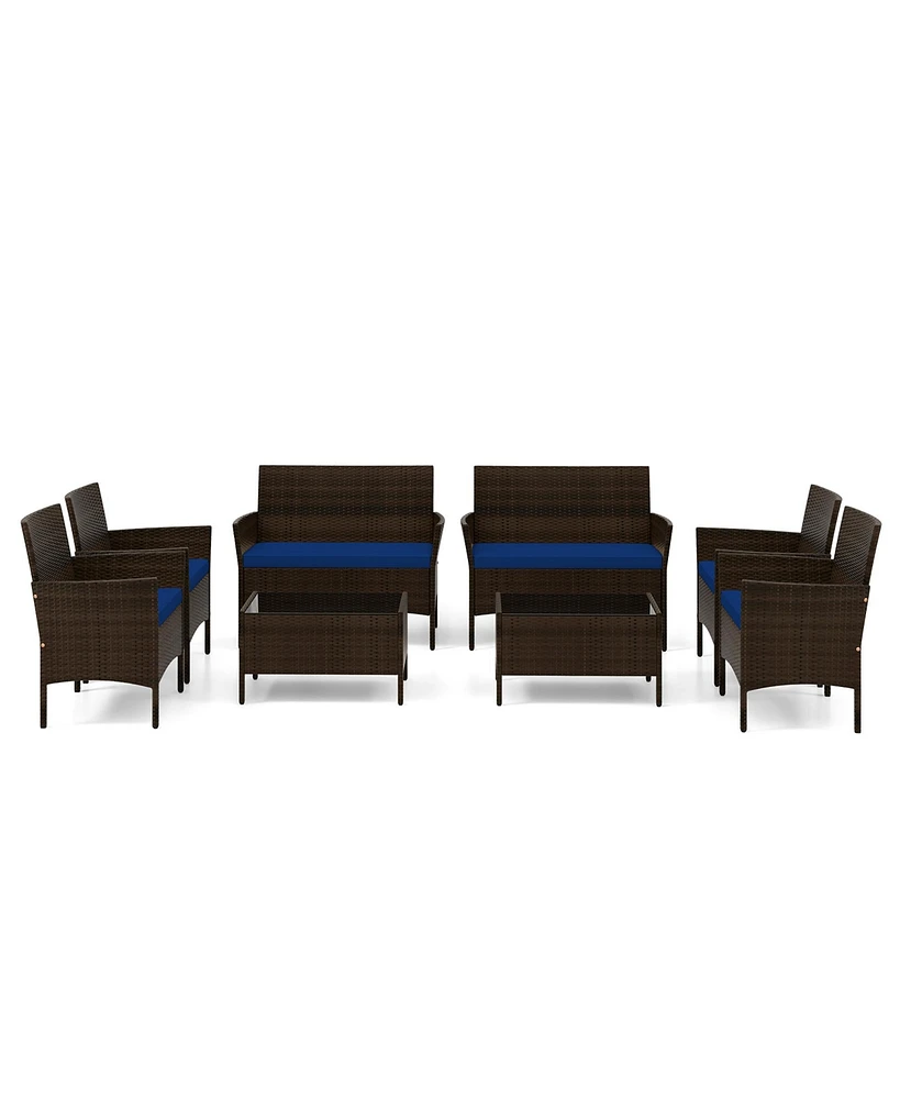 Gymax 8 Piece Outdoor Wicker Furniture Set Patio Rattan Conversation Set w/ Chair Loveseat Cushions
