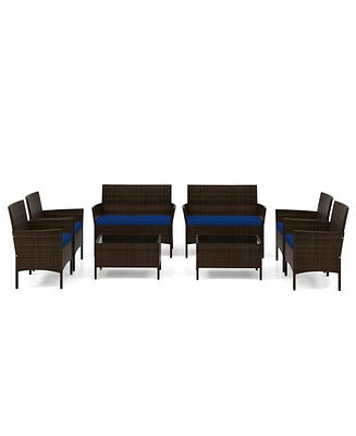 Gymax 8 Piece Outdoor Wicker Furniture Set Patio Rattan Conversation Set w/ Chair Loveseat Cushions