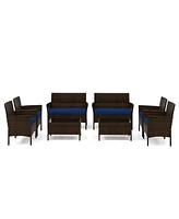 Gymax 8 Piece Outdoor Wicker Furniture Set Patio Rattan Conversation Set w/ Chair Loveseat Cushions