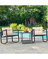 Gymax Set of 3 Rattan Patio Furniture Set Rocking Chair Table Set w/ Cushions
