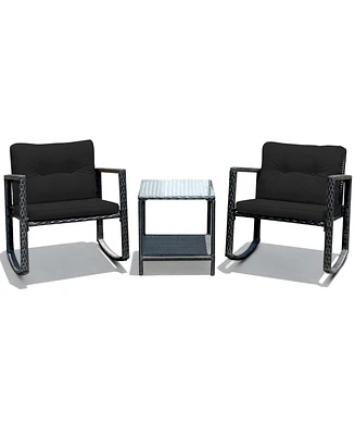 Gymax Set of 3 Rattan Patio Furniture Set Rocking Chair Set w/ Cushions Table