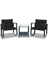 Gymax Set of 3 Rattan Patio Furniture Set Rocking Chair Set w/ Cushions Table