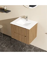 Casainc 24" Wall Mounted Walnut Bathroom Vanity Cabinet with White Basin Sink Combo Floating