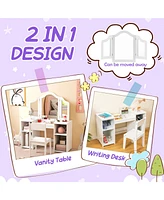 Kids Vanity Table and Chair Set with Removable Tri-Folding Mirror