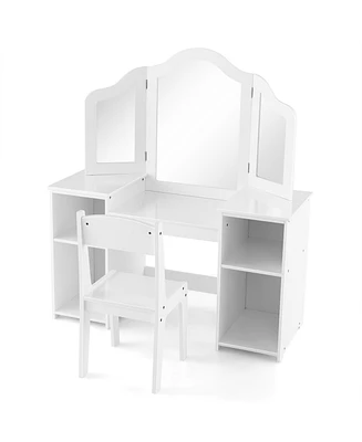 Kids Vanity Table and Chair Set with Removable Tri-Folding Mirror
