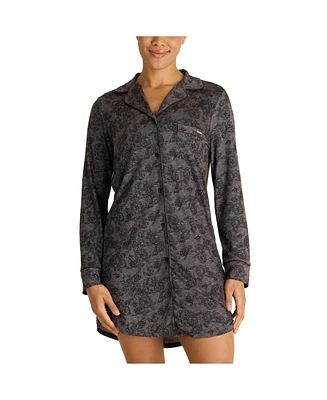 Tahari Women's Long Sleeve Button Up Notch Collar Nightshirt with Piping and Pocket