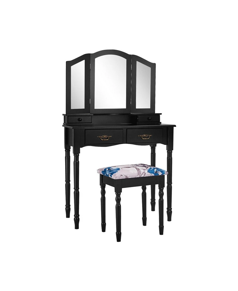 Simple Vanity Set with Tri-Folding Mirror Drawers and Storage Shelf