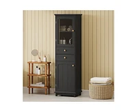 Casainc 63" Tall Bathroom Storage Cabinet with Glass Doors, Free-Standing, Two Drawers, and Adjustable Shelves, Mdf Board, Painted white