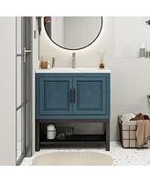 Casainc 32" Bathroom Vanity with White Ceramic Sink & Faucet,Freestanding Bathroom Cabinet with 2 Storage Doors and Open iron Shelf