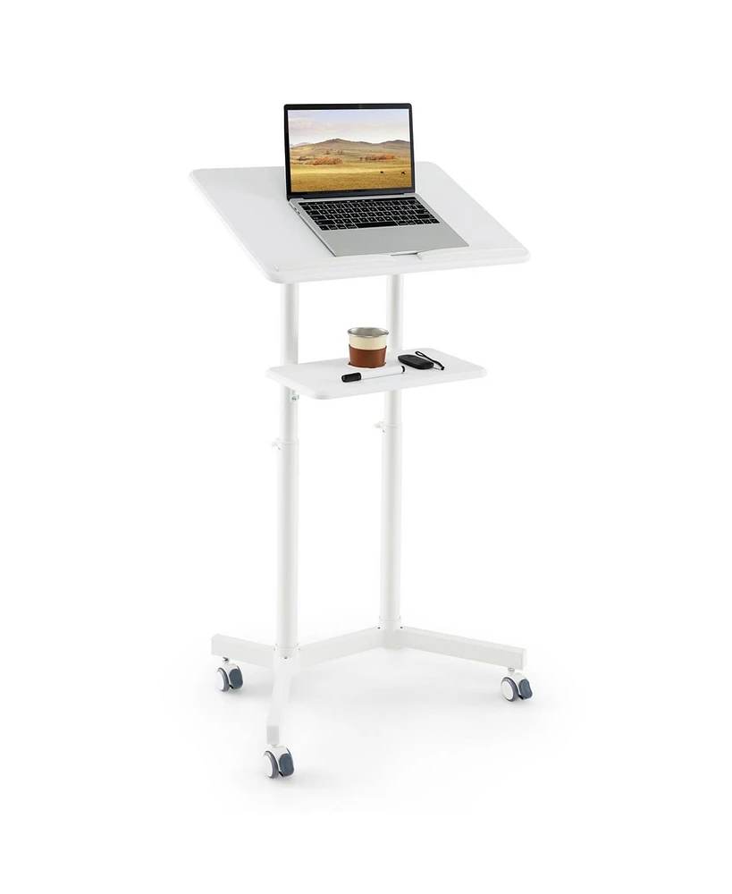Mobile Lectern Podium Height-adjustable Rolling Laptop Cart with Tilting Top Storage Tray