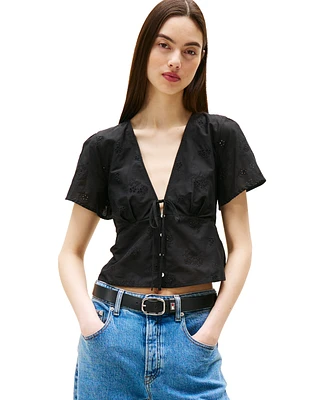 Tommy Jeans Women's Cotton Embroidered Plunging-Neck Blouse