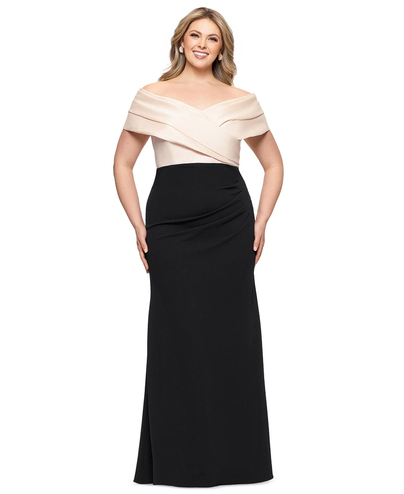 Betsy & Adam Plus Mixed-Material Off-The-Shoulder Gown